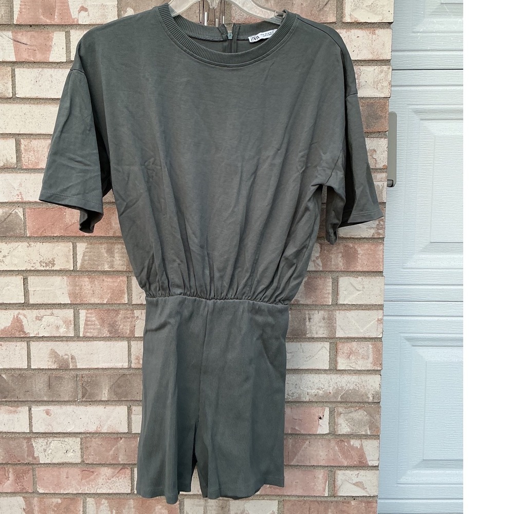 Zara Romper Women Medium Gray Excellent Short Sleeve‎ Ribbed Knit Elastic Waist